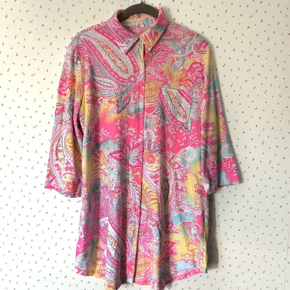 Lauren Ralph Lauren Sleepshirt Womens M Multicolor Paisley Logo Button-up Cozy